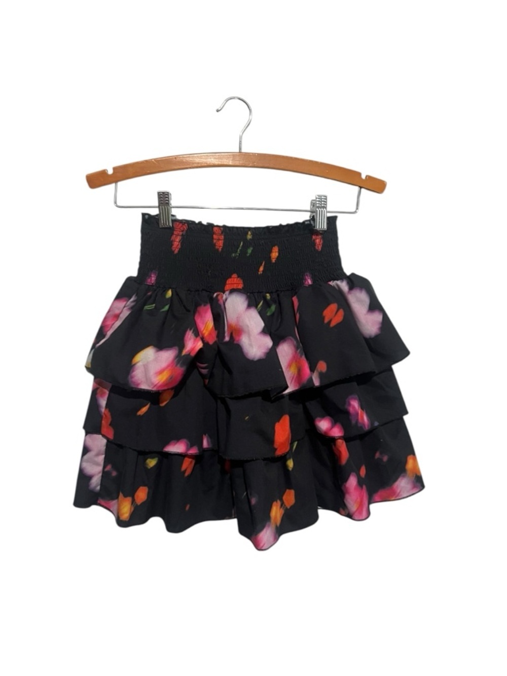 Luella Girls Black Floral Tiered Ruffle Skirt Size 8 Elastic Pull On Waist